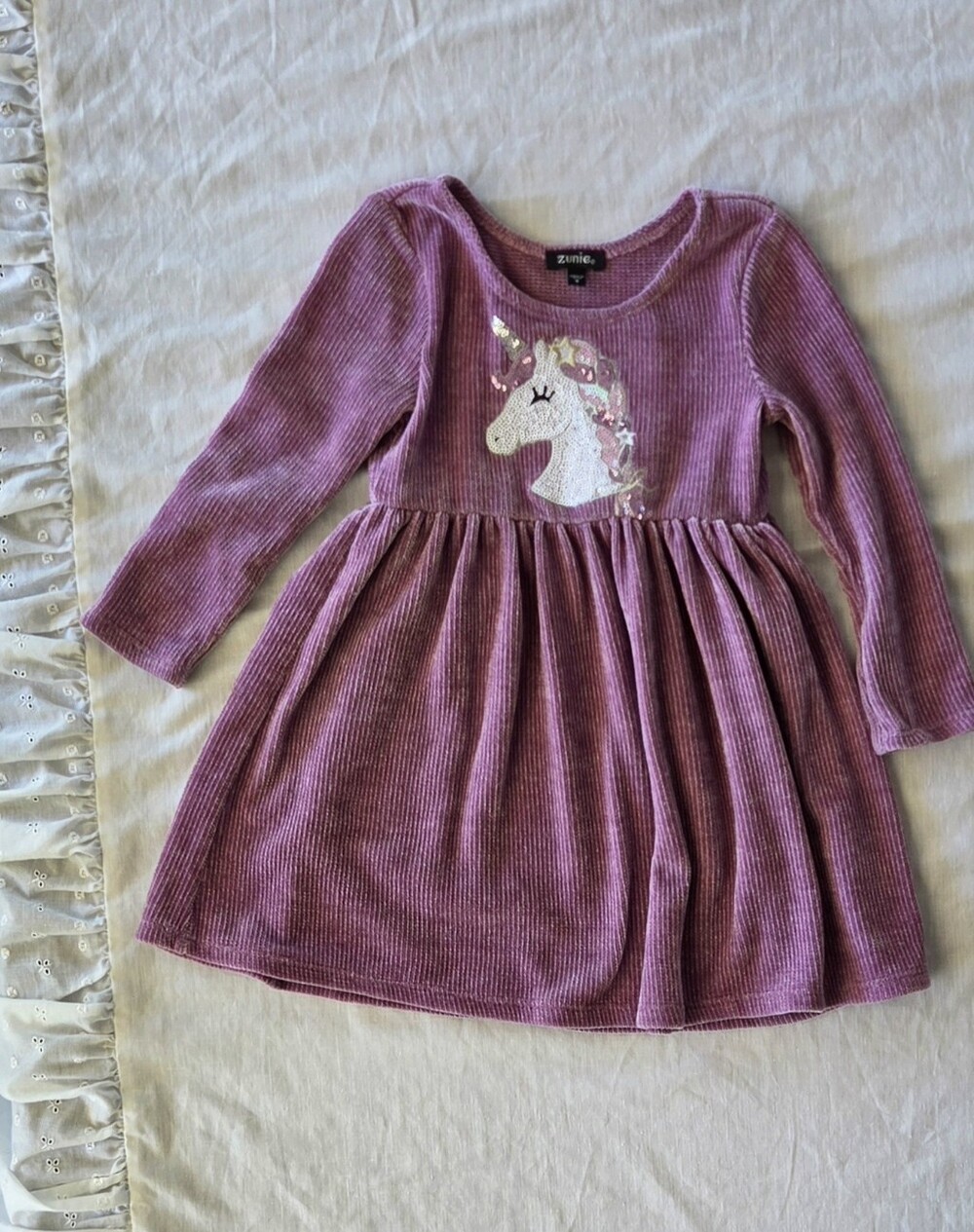 Zunie Girls Sequin Unicorn  Purple Ribbed Babydoll Dress  Corduroy Size 4T